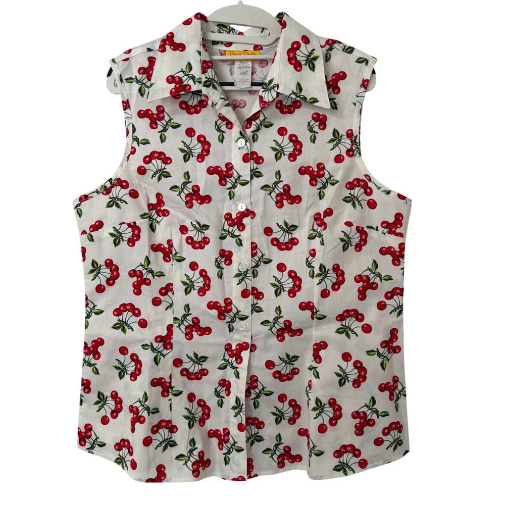 Bernie Dexter Top 1X White Red Cherry Print Sleeveless Button Up Pin Up Retro